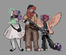Size: 3267x2750 | Tagged: safe, artist:linatron, apple bloom, scootaloo, sweetie belle, human, g4, alternate universe, apocalypse, cutie mark crusaders, elf ears, gray background, height difference, helmet, horn, horned humanization, humanized, infected, infection au, magic, physique difference, simple background, winged humanization, wings