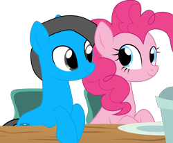 Size: 2500x2056 | Tagged: safe, artist:xxblue-shy-gamersxx, pinkie pie, oc, oc:william, earth pony, g4, canon x oc, simple background, sitting, transparent background