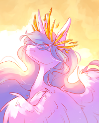 Size: 1108x1373 | Tagged: safe, artist:riressa, princess celestia, alicorn, pony, g4, bust, eyes closed, female, happy, horn, mare, portrait, smiling, solo, sunlight, wings