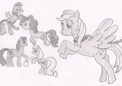 Size: 6178x4355 | Tagged: safe, artist:tesa-studio, applejack, derpy hooves, pinkie pie, rainbow dash, twilight sparkle, earth pony, pegasus, pony, unicorn, g4, chained, chains, collar, crying, drawing, frown, old art, rearing, restrained, sad pony, spread wings, tears of sadness, traditional art, unicorn twilight, wings