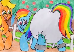 Size: 3305x2329 | Tagged: safe, artist:bitter sweetness, applejack, rainbow dash, earth pony, pegasus, pony, g4, :t, abdl, adult foal, ankle chain, apple, apple tree, blue sky, bondage, diaper, diaper butt, diaper fetish, dirt road, duo, duo female, female, fence, fetish, green eyes, high res, looking back, non-baby in diaper, open mouth, open smile, pink eyes, poofy diaper, smiling, sweet apple acres, tied up, traditional art, tree