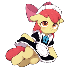 Size: 2048x2048 | Tagged: safe, ai assisted, ai content, apple bloom, earth pony, pony, blushing, clothes, female, filly, floppy ears, foal, lying down, maid, maid headdress, on side, simple background, smiling, solo, transparent background