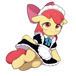 Size: 2048x2048 | Tagged: safe, ai assisted, ai content, prompter:credus, apple bloom, earth pony, pony, g4, apron, blushing, bottomless, clothes, featureless crotch, female, filly, floppy ears, foal, lying down, maid, maid headdress, no panties, on side, presenting, simple background, smiling, solo, transparent background