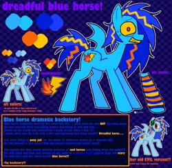 Size: 1010x990 | Tagged: safe, artist:koidial, oc, oc only, oc:dreadful blue horse!, bat pony, pony, alternate color palette, backstory in description, bat pony oc, bat wings, blue coat, blue mane, blue tail, blue text, checkered background, clothes, color palette, colored sclera, colored teeth, eyestrain warning, female, leg warmers, long description, long mane, mare, messy mane, messy tail, multicolored mane, multicolored tail, nervous, no catchlights, no pupils, orange text, outline, patterned background, ponysona, profile, purple text, red eyes, reference sheet, saturated, sharp teeth, signature, solo, spiky mane, spiky tail, spread wings, standing, sweat, sweatdrop, tail, teeth, text, three toned mane, three toned tail, tri-color mane, tri-color tail, tri-colored mane, tri-colored tail, tricolor mane, tricolor tail, tricolored mane, tricolored tail, wings, yellow sclera, yellow teeth, yellow text
