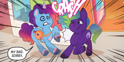 Size: 481x242 | Tagged: safe, idw, official comic, misty brightdawn, pony, unicorn, g5, maretime mysteries #1, my little pony: maretime mysteries, spoiler:comic, spoiler:g5comic, comic, cute, dizzy, female, gradient mane, horn, mare, maretime bay, mistybetes, raised hoof, swirly eyes