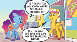 Size: 371x205 | Tagged: safe, idw, official comic, misty brightdawn, pegasus, pony, unicorn, g5, maretime mysteries #1, my little pony: maretime mysteries, spoiler:comic, spoiler:g5comic, comic, cute, female, gradient mane, headband, horn, mare, maretime bay, unnamed character, unnamed pony