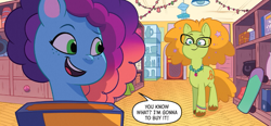 Size: 657x305 | Tagged: safe, idw, official comic, misty brightdawn, earth pony, pony, unicorn, g5, maretime mysteries #1, my little pony: maretime mysteries, spoiler:comic, spoiler:g5comic, comic, cute, female, glasses, gradient mane, horn, jewelry, mare, maretime bay, mistybetes, necklace, unnamed character, unnamed pony