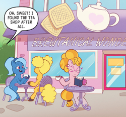 Size: 384x358 | Tagged: safe, idw, official comic, phyllis cloverleaf, earth pony, pony, g5, maretime mysteries #1, my little pony: maretime mysteries, spoiler:comic, spoiler:g5comic, comic, cup, cute, drink, drinking, female, gradient mane, mare, maretime bay, mistybetes, offscreen character, pigtails, unnamed character