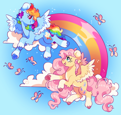 Size: 2048x1938 | Tagged: safe, artist:cocopudu, fluttershy, rainbow dash, butterfly, pegasus, pony, g4, alternate design, alternate hairstyle, alternate tailstyle, big ears, blue coat, blue hooves, cloud, cloven hooves, coat markings, colored, colored belly, colored eartips, colored eyebrows, colored eyelashes, colored hooves, colored pupils, colored wings, colored wingtips, countershading, curly mane, curly tail, cute, dashabetes, duo, duo female, eyebrows, eyebrows visible through hair, eyelashes, facial markings, female, floppy ears, flying, gradient background, hooves, leg fluff, lesbian, long eyelashes, long mane, long tail, looking at each other, looking at someone, looking up, mare, multicolored hair, multicolored mane, multicolored tail, open mouth, open smile, pale belly, pansexual pride flag, pink eyelashes, pink eyes, pink hooves, pink mane, pink pupils, pink tail, pride, pride flag, profile, rainbow, rainbow hair, rainbow tail, raised hoof, raised leg, redraw, shiny mane, shiny tail, ship:flutterdash, shipping, shyabetes, sky background, smiling, smiling at each other, snip (coat marking), socks (coat markings), sparkles, spread wings, tail, teal eyes, teal pupils, thick eyebrows, two toned wings, underhoof, unshorn fetlocks, wall of tags, wavy mane, wavy tail, wing fluff, wings, yellow coat