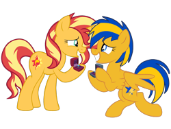 Size: 2048x1536 | Tagged: safe, artist:mlpfan3991, artist:ry-bluepony1, sunset shimmer, oc, oc:flare spark, pegasus, pony, unicorn, g4, canon x oc, duo, duo female, female, horn, jewelry, lesbian, mare, marriage proposal, ring, ship:flareset, simple background, smiling, transparent background, wedding ring