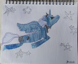 Size: 3175x2604 | Tagged: safe, artist:blackblade360, princess luna, alicorn, pony, g4, armor, armored pony, atg 2024, blue coat, colored pencil drawing, crown, cyan eyes, female, flowing mane, flowing tail, flying, implied apple bloom, implied applejack, implied pinkie pie, implied rarity, implied twilight sparkle, irl, jewelry, mare, newbie artist training grounds, night, paper, photo, regalia, signature, solo, spread wings, stars, story included, symbolism, tail, traditional art, wings