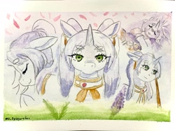 Size: 3395x2557 | Tagged: safe, artist:gorebox, pony, collage, frieren, frieren: beyond journey's end, grass, jewelry, petals, pigtails, sleeping, solo, staff, traditional art, twintails, watercolor painting
