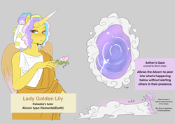 Size: 2699x1908 | Tagged: safe, artist:aztrial, princess celestia, princess gold lily, alicorn, anthro, g4, g5, clothes, female, flower, flower in hair, folded wings, gradient horn, gray background, horn, lidded eyes, simple background, solo, spread wings, toga, veil, wings, worldbuilding