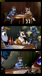 Size: 1500x2740 | Tagged: safe, artist:scarletdex8299, oc, oc only, oc:littlepip, unnamed oc, cat, earth pony, unicorn, anthro, digitigrade anthro, unguligrade anthro, fallout equestria, alcohol, annoyed, bar, beer, blurry background, clothes, comic, dreamkeepers, drunk, duo, duo male and female, face grab, fallout, female, flirting, gun, horn, jumpsuit, lidded eyes, mace, male, map, nuka cola, pipbuck, scar, vault suit, weapon