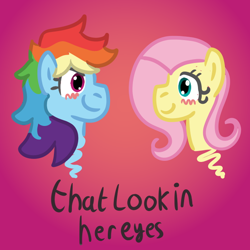 Size: 668x667 | Tagged: safe, artist:zoeyhorse, fluttershy, rainbow dash, pegasus, pony, g4, blush scribble, blushing, bust, cute, dashabetes, female, gradient background, lesbian, looking at each other, looking at someone, looking into each others eyes, ship:flutterdash, shipping, shyabetes, smiling, smiling at each other, text