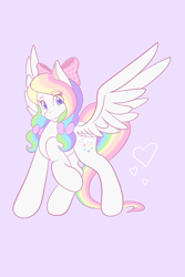 Size: 1365x2048 | Tagged: safe, artist:mscolorsplash, oc, oc only, pegasus, pony, bow, eye clipping through hair, eyebrows, eyebrows visible through hair, female, hair bow, looking at you, mare, multicolored hair, pigtails, pink background, rainbow hair, raised hoof, simple background, smiling, smiling at you, solo, spread wings, wings