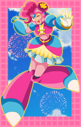 Size: 1820x2854 | Tagged: safe, artist:rockmangurlx, pinkie pie, gynoid, human, robot, g4, arm cannon, armor, armor skirt, crossover, female, fireworks, helmet, high res, humanized, looking at you, megaman x, one eye closed, reploid, roboticization, skirt, smiling, smiling at you, solo, wink, winking at you