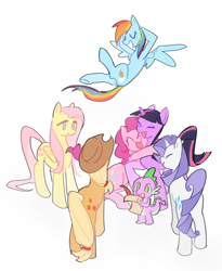 Size: 968x1178 | Tagged: safe, artist:butterfoliage, applejack, fluttershy, pinkie pie, rainbow dash, rarity, spike, twilight sparkle, dragon, earth pony, pegasus, pony, unicorn, g4, female, horn, male, mane seven, mane six, quill, scroll, simple background, unicorn twilight, white background