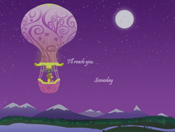Size: 2000x1504 | Tagged: safe, artist:nitei, cherry berry, earth pony, pony, g4, atg 2024, aviator hat, bipedal, bipedal leaning, fire, flying, forest, hat, hot air balloon, lake, leaning, looking up, moon, moonlight, mountain, nature, newbie artist training grounds, night, purple sky, river, solo, stars, text, tree, twinkling balloon, water