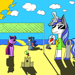 Size: 1500x1500 | Tagged: safe, artist:icycrymelon, night light, shining armor, spike, twilight sparkle, dragon, pony, unicorn, beach, family, horn, sandcastle, siblings, sun