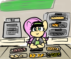 Size: 1566x1297 | Tagged: safe, artist:zutcha, fluttershy, pegasus, pony, g4, apron, bread, clothes, cute, food, looking at you, oven, shyabetes, sketch, smiling, smiling at you, solo, subway (restaurant), uniform, visor cap