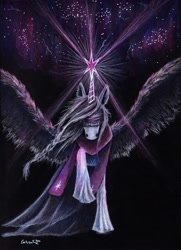 Size: 4967x6848 | Tagged: safe, artist:cahandariella, oc, oc only, alicorn, alicorn oc, atg 2024, blind, blindfold, braid, clothes, colored pencil drawing, fanfic art, horn, large wings, magic, newbie artist training grounds, nun, robes, solo, spread wings, stars, traditional art, wings