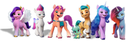 Size: 1280x429 | Tagged: safe, editor:22tjones, hitch trailblazer, izzy moonbow, misty brightdawn, pipp petals, sparky sparkeroni, sunny starscout, zipp storm, dragon, earth pony, pegasus, unicorn, g5, female, horn, male, mane five, mane seven (g5), mane six (g5), mane stripe sunny, mare, rebirth misty, simple background, stallion, transparent background