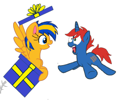 Size: 1000x844 | Tagged: safe, artist:mlpfan3991, oc, oc only, oc:flare spark, oc:train track, pegasus, unicorn, g4, duo, duo male and female, female, happy birthday, horn, male, popping out, present, simple background, surprised, transparent background