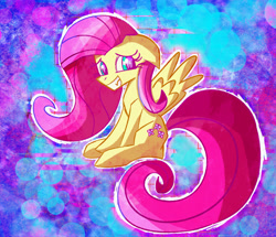 Size: 1969x1692 | Tagged: safe, artist:missing-elixir, fluttershy, pegasus, pony, g4, abstract background, female, floppy ears, full body, mare, outline, partially open wings, sitting, smiling, solo, wings