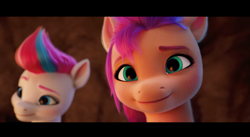 Size: 1017x556 | Tagged: safe, screencap, sunny starscout, zipp storm, earth pony, pegasus, pony, g5, my little pony: a new generation, black bars, depth of field, duo, duo female, female, letterboxing, mare, smiling