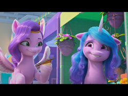 Size: 1024x768 | Tagged: safe, screencap, izzy moonbow, pipp petals, pegasus, pony, unicorn, g5, izzy does it, my little pony: make your mark, my little pony: make your mark chapter 2, spoiler:g5, spoiler:my little pony: make your mark, cellphone, duo, duo female, female, flying, grin, hoof hold, horn, looking at someone, mare, nervous, nervous smile, phone, smartphone, smiling, spread wings, wings