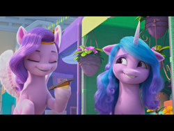 Size: 1024x768 | Tagged: safe, screencap, izzy moonbow, pipp petals, pegasus, pony, unicorn, g5, izzy does it, my little pony: make your mark, my little pony: make your mark chapter 2, spoiler:g5, spoiler:my little pony: make your mark, spoiler:my little pony: make your mark chapter 2, spoiler:mymc02e01, cellphone, duo, duo female, eyes closed, female, flying, grin, hoof hold, horn, looking at someone, mare, nervous, nervous smile, open mouth, open smile, phone, smartphone, smiling, spread wings, wings