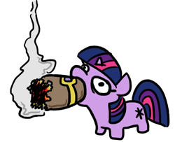 Size: 584x475 | Tagged: safe, artist:jargon scott, twilight sparkle, pony, unicorn, g4, cigar, female, filly, filly twilight sparkle, full mouth, gentlemen, simple background, smoking, solo, squatpony, twiggie, unicorn twilight, white background, younger