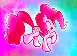 Size: 2048x1486 | Tagged: safe, artist:missing-elixir, pinkie pie, earth pony, pony, g4, ^^, concave belly, eyes closed, female, mare, multicolored background, open mouth, open smile, outline, raised hoof, smiling, solo