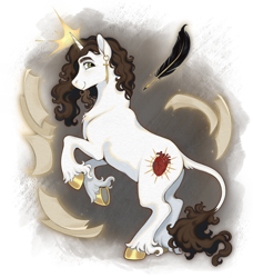 Size: 2100x2300 | Tagged: safe, artist:altruistartist, oc, unnamed oc, classical unicorn, pony, unicorn, g4, brown mane, cloven hooves, colored hooves, ear piercing, gold hooves, green eyes, hooves, horn, leonine tail, magic, paper, partially transparent background, piercing, quill, solo, telekinesis, unicorn beard, unicorn oc, unshorn fetlocks, white coat