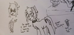 Size: 2048x972 | Tagged: safe, artist:pony quarantine, oc, oc only, earth pony, pony, female, grayscale, mare, monochrome, monstera, pen drawing, scar, solo, talking to viewer, traditional art