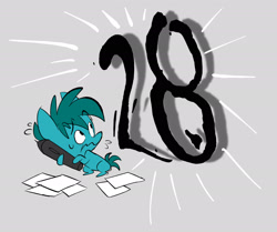 Size: 2048x1715 | Tagged: safe, artist:chub-wub, oc, oc only, oc:doodle mark, earth pony, pony, big head, birthday, birthday art, blue coat, chibi, earth pony oc, emanata, eyebrows, eyebrows visible through hair, frown, gray background, green mane, green tail, hoof hold, looking at something, male, missing cutie mark, no catchlights, number, paper, plewds, raised eyebrow, simple background, solo, stallion, stallion oc, sweat, sweatdrop, tablet pen, tail, teal coat, wavy mouth