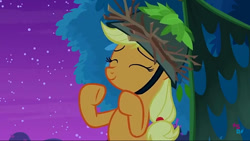 Size: 960x540 | Tagged: safe, screencap, applejack, the great seedling, earth pony, pony, g4, going to seed, season 9, cute, eyes closed, female, helmet, jackabetes, mare, night, smiling, solo