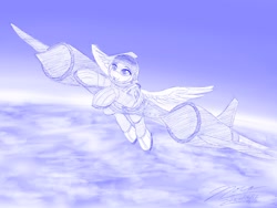 Size: 1920x1440 | Tagged: safe, artist:novaintellus, pegasus, pony, astronaut, atg 2024, flying, monochrome, newbie artist training grounds, solo, spacesuit, traditional art