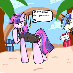 Size: 2048x2048 | Tagged: safe, artist:milochanz!, twilight sparkle, pony, unicorn, series:life in canterlot, beach, butt, chat bubble, clothes, cloud, exclamation point, palm tree, question mark, sand, summer, swimsuit, tree, unamused, unicorn twilight