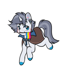 Size: 1000x1000 | Tagged: safe, artist:artchoiaila, oc, oc only, oc:lancer thunderstride, pony, unicorn, blue eyes, blue hooves, cape, chibi, clothes, collar, commission, cute, ear piercing, earring, flag, gray mane, gray tail, grey hair, horn, jewelry, light skin, male, pansexual pride flag, piercing, pride, pride flag, simple background, solo, stallion, transparent background