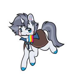 Size: 1000x1000 | Tagged: safe, artist:artchoiaila, oc, oc only, oc:lancer thunderstride, pony, unicorn, blue eyes, blue hooves, cape, chibi, clothes, collar, colored hooves, commission, cute, ear piercing, earring, flag, gift art, gray mane, gray tail, grey hair, heart, heart mark, hooves, horn, jewelry, light skin, male, mouth hold, pansexual pride flag, piercing, pride, pride flag, simple background, solo, stallion, transparent background