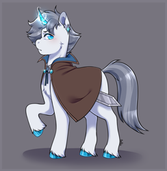 Size: 2433x2497 | Tagged: safe, artist:artchoiaila, oc, oc only, oc:lancer thunderstride, pony, unicorn, blue eyes, blue hooves, cape, clothes, collar, commission, ear piercing, earring, electricity, gray background, gray mane, gray tail, grey hair, horn, jewelry, light skin, lightning, male, piercing, simple background, solo, stallion, sword, weapon