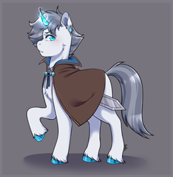 Size: 2433x2497 | Tagged: safe, artist:artchoiaila, oc, oc only, oc:lancer thunderstride, pony, unicorn, blue eyes, blue hooves, blue horn, cape, clothes, collar, colored hooves, colored horn, colored pupils, commission, commissioner:lancer thunderstorm, curved horn, ear piercing, earring, electricity, gray background, gray mane, gray tail, grey hair, hooves, horn, jewelry, light skin, lightning, male, piercing, raised hoof, simple background, solo, stallion, sword, weapon