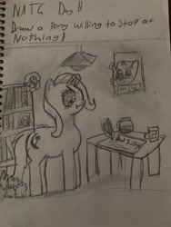 Size: 3024x4032 | Tagged: safe, artist:goldenmidnight, trixie, twilight sparkle, alicorn, pony, unicorn, g4, sleepless in ponyville, atg 2024, coffee mug, duo, duo female, evil planning in progress, female, horn, mare, monochrome, mug, newbie artist training grounds, paper, quill, traditional art, twilight sparkle (alicorn)