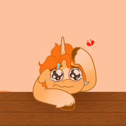 Size: 2480x2480 | Tagged: safe, artist:starburstuwu, oc, oc only, oc:starburst (starburstuwu), pony, unicorn, eye shimmer, floppy ears, gradient legs, heartbreak, high res, hoof on head, horn, orange background, simple background, solo, teary eyes, unshorn fetlocks, wavy mouth