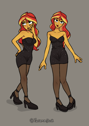 Size: 1612x2272 | Tagged: safe, artist:tacoman dusct, sunset shimmer, human, equestria girls, g4, black dress, blushing, clothes, dress, erect nipples, full body, glitter dress, high heels, knee blush, lipstick, looking at you, looking sideways, makeup, nipple outline, pantyhose, pose, reference sheet, shoes, simple background, solo
