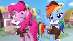 Size: 3840x2160 | Tagged: safe, artist:owlpirate, pinkie pie, rainbow dash, earth pony, pegasus, pony, 3d, 4k, duo, duo female, female, high res, letter, looking at you, love letter, mailmare uniform, mare, mouth hold, one eye closed, package, ponyville, smiling, smiling at you, source filmmaker, spread wings, wings, wink, winking at you
