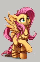 Size: 1300x2000 | Tagged: safe, artist:zetamad, fluttershy, pegasus, pony, g4, adorable distress, atg 2024, cute, ear fluff, female, gray background, hoof fluff, mare, newbie artist training grounds, rope, ropes, shyabetes, simple background, solo, spread wings, tangled up, wings