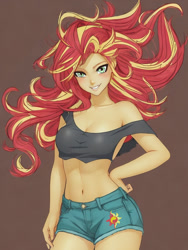 Size: 624x832 | Tagged: safe, artist:voldarian, sunset shimmer, human, equestria girls, g4, adorasexy, belly button, breasts, brown background, cleavage, clothes, cute, cutie mark on clothes, daisy dukes, female, hand on hip, midriff, off shoulder, praise the sunset, reasonably sized breasts, sexy, shimmerbetes, shorts, simple background, solo, stupid sexy sunset shimmer, windswept hair
